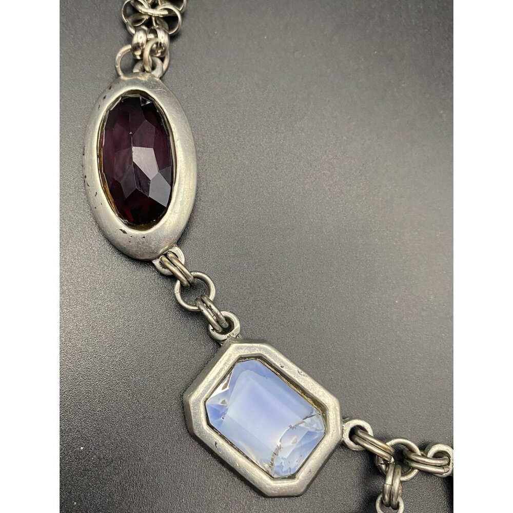 Chainmail Choker Bold Faceted Glass Bezel Gems Silver Tone Toggle 16" Necklace - Picture 5 of 9